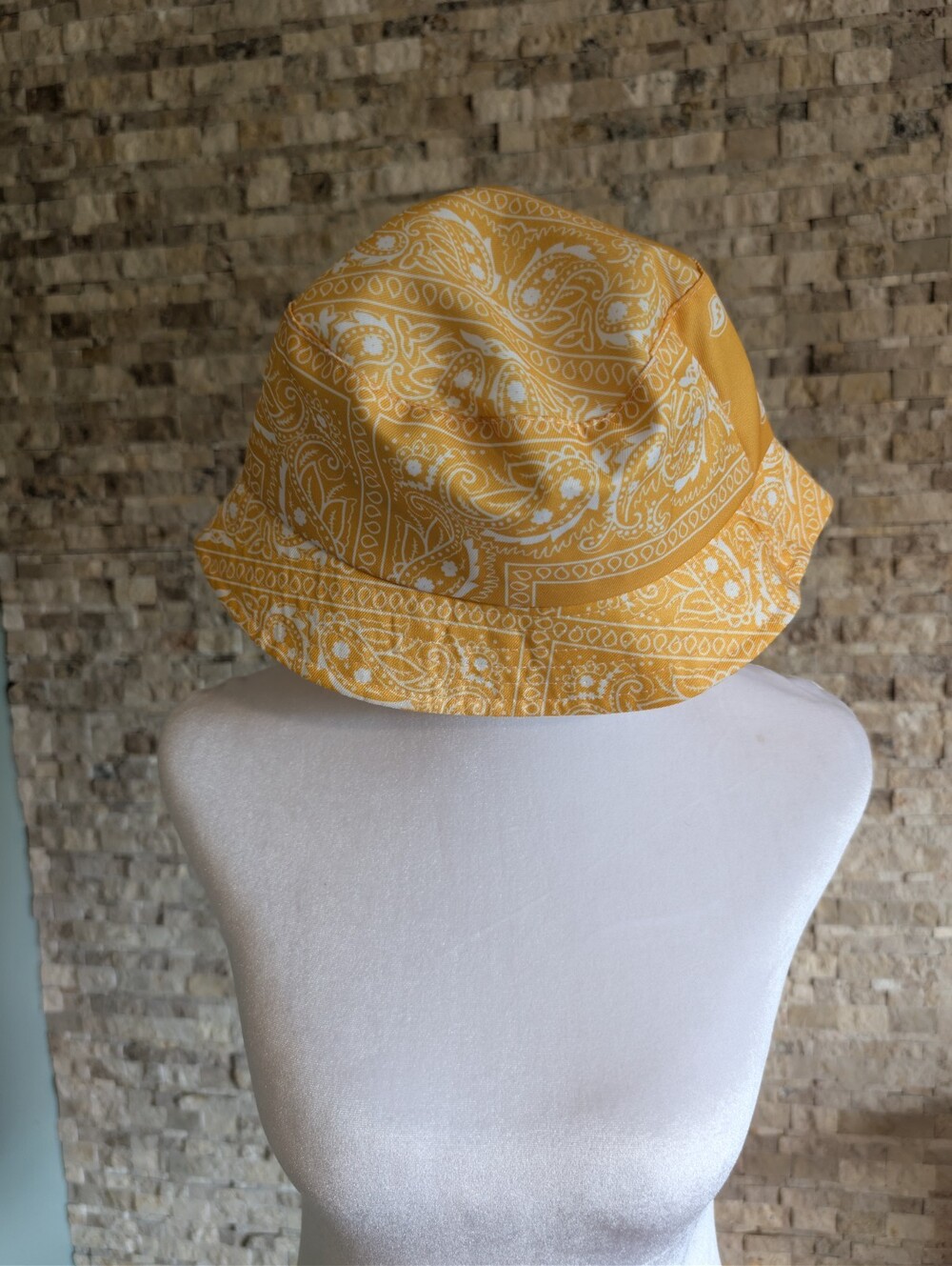 Unisex Yellow Summer Paisley Bandana Bucket Hat Kidcore Handkerchief Print